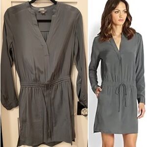 Vince. Grey Silk Drawstring Shirt Dress